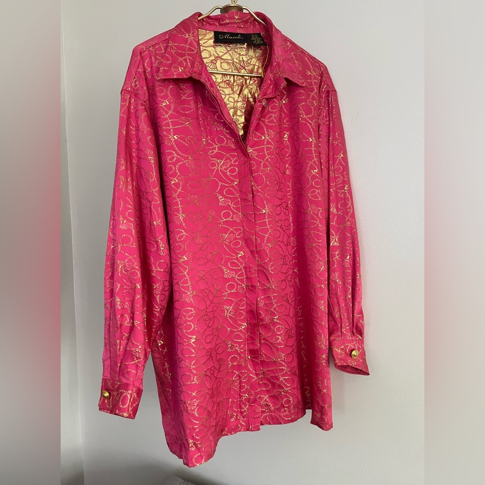 Mureli VTG 100% Silk casual cocktail Pink and Gold Blouse XL NWT